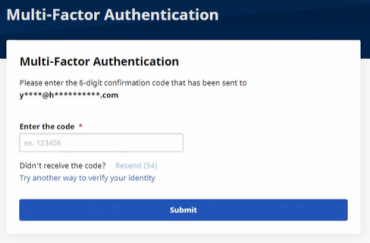 In the image, the Multi-Factor Authentication pages displays with a field to enter the code.